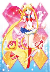 Rule 34 | 1girl, bishoujo senshi sailor moon, bishoujo senshi sailor moon s, bishoujo senshi sailor moon supers, blonde hair, blue eyes, blue sailor collar, boots, bow, brooch, choker, double bun, earrings, full body, fusion, gloves, hair bun, hair ornament, heart, heart brooch, henshin, highres, jewelry, knee boots, leotard, long hair, magical girl, miniskirt, multicolored clothes, multicolored skirt, open mouth, pleated skirt, red bow, ribbon, sailor collar, sailor moon, scepter, skirt, smile, solo, spiral heart moon rod, super sailor moon, tiara, transformation, tsukino usagi, twintails, v, very long hair, wang jiabo, white gloves