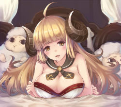 Rule 34 | 10s, 1girl, anila (granblue fantasy), bare arms, bare shoulders, bed, blonde hair, breasts, canopy bed, cleavage, draph, dress, eyebrows, female focus, granblue fantasy, horns, large breasts, long hair, lying, on bed, on stomach, open mouth, oukawa yuu, sheep, sheep horns, simple background, smile, solo, strapless, strapless dress, thick eyebrows, yellow eyes