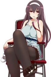 Rule 34 | 1girl, black hair, breasts, chair, collarbone, frills, hairband, hand to own mouth, highres, hu sea, kasumigaoka utaha, large breasts, crossed legs, liquid, long hair, open mouth, pantyhose, pink eyes, saenai heroine no sodatekata, shoes, unworn shoes, sitting, sleeveless, solo, suggestive fluid, thighband pantyhose, transparent background