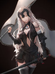 Rule 34 | 1girl, ahoge, angra mainyu (fate), armor, armored dress, banner, bare shoulders, black background, black dress, breasts, center opening, chain, commentary request, dress, fate/grand order, fate (series), faulds, flag, fur trim, gauntlets, hair between eyes, headpiece, highres, jeanne d&#039;arc (fate), jeanne d&#039;arc alter (avenger) (fate), jeanne d&#039;arc alter (avenger) (third ascension) (fate), jeanne d&#039;arc alter (fate), large breasts, long hair, looking at viewer, milu (pixiv8523021), navel, parted lips, silver hair, smile, solo, sword, thighhighs, tsurime, weapon, yellow eyes