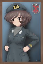 Rule 34 | 1girl, absurdres, acrux, akiyama yukari, alternate costume, artist logo, beret, border, brown border, brown eyes, brown hair, closed mouth, commentary, dated, emblem, english commentary, girls und panzer, green hat, green jacket, grey shirt, hat, highres, insignia, jacket, long sleeves, looking at viewer, messy hair, military, military hat, military uniform, shirt, short hair, smile, solo, standing, twitter username, uniform, upper body