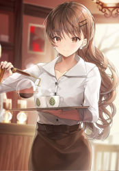 Rule 34 | 1girl, blouse, blurry, blurry background, blush, breasts, brown eyes, brown hair, cup, earrings, hair ornament, hairclip, holding, holding tray, indoors, jewelry, kagachi saku, long hair, original, pouring, shirt, skirt, smile, solo, steam, tea, teacup, tray, waitress, white shirt
