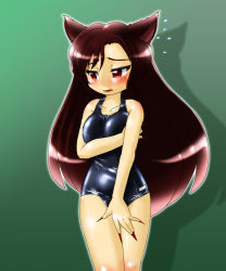 Rule 34 | 1girl, animal ears, blush, breast hold, breasts, brown hair, collarbone, embarrassed, fingernails, green background, imaizumi kagerou, large breasts, long hair, looking away, nail polish, one-piece swimsuit, open mouth, red eyes, school swimsuit, simple background, solo, swimsuit, touhou, winn, wolf ears