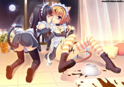 Rule 34 | 2girls, animal ears, armlet, bad id, bad pixiv id, bare shoulders, boots, cat ears, cat tail, chocolate, choker, food, food on face, frills, holding hands, licking, maid, maid headdress, moon, multiple girls, one eye closed, original, petticoat, reflection, ribbon, sayori (neko works), striped clothes, striped legwear, striped thighhighs, tail, tail ornament, tail ribbon, thighhighs, wink, yuri, zettai ryouiki