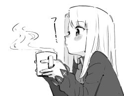 Rule 34 | 1girl, ascot, blowing, blush stickers, cup, fate/stay night, fate (series), greyscale, holding, holding cup, illyasviel von einzbern, jacket, long hair, monochrome, simple background, sketch, solo, steam, tenoo12, upper body, white background