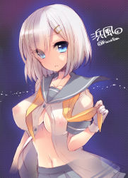 Rule 34 | 10s, 1girl, blue eyes, blue skirt, breasts, covered erect nipples, gloves, hair ornament, hair over one eye, hairclip, hamakaze (kancolle), highres, kantai collection, large breasts, looking at viewer, navel, nipples, no bra, open clothes, open mouth, open shirt, personification, pocopoco, sailor collar, see-through, shirt, short hair, short sleeves, skirt, solo, white gloves, white hair, white shirt