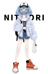 Rule 34 | 1girl, backpack, bag, belt, blue hair, casual, coat, contemporary, denim, denim shorts, flat cap, full body, green hat, hair between eyes, hair bobbles, hair ornament, hat, high tops, highres, jewelry, kawashiro nitori, key print, legs, long sleeves, mask, mouth mask, nanasuou, necklace, open clothes, open coat, padded coat, plastic bag, print footwear, print headwear, print shirt, puffy coat, red footwear, shirt, shoes, shopping bag, shorts, simple background, sneakers, solo, spring onion, standing, thighs, touhou, twintails, white background, white shirt