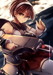 Rule 34 | 10s, 1girl, armpits, bare shoulders, brown hair, cannon, detached sleeves, genyaky, hairband, highres, japanese clothes, kantai collection, miko, miniskirt, natori (kancolle), pleated skirt, red skirt, school uniform, serafuku, short hair, skirt, solo, standing, standing on one leg, thighhighs, white thighhighs, zettai ryouiki
