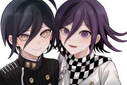 Rule 34 | 2boys, :d, ahoge, black hair, black jacket, brown eyes, buttons, calliopejy, checkered clothes, checkered scarf, danganronpa (series), danganronpa v3: killing harmony, flipped hair, gradient background, hair between eyes, highres, jacket, looking at viewer, lower teeth only, male focus, multiple boys, oma kokichi, open mouth, portrait, purple eyes, purple hair, saihara shuichi, scarf, simple background, smile, striped clothes, striped jacket, teeth, tongue
