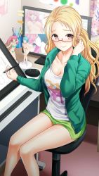 Rule 34 | 1girl, adjusting hair, blonde hair, breasts, cleavage, closed mouth, collarbone, dolphin shorts, doukyuusei 2, doukyuusei another world, figure, game cg, glasses, green jacket, green shorts, holding, holding pen, jacket, large breasts, long hair, long sleeves, looking at viewer, maijima karen, medium breasts, official art, open clothes, open jacket, pen, ponytail, print shirt, rectangular eyewear, red-framed eyewear, red eyes, semi-rimless eyewear, shirt, short shorts, shorts, sitting, smile, solo, under-rim eyewear, very long hair, white shirt