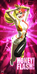 Rule 34 | 1girl, blonde hair, breasts, character name, cutie honey, cutie honey (character), female focus, full body, gradient background, kisaragi honey, kit, red hair, solo, transformation