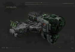 Rule 34 | amarr empire (eve online), artist name, commentary, company name, concept art, copyright name, eve online, frigate (eve online), georg hilmarsson, glowing, grey background, highres, logo, machinery, military vehicle, no humans, official art, radar, radio antenna, realistic, science fiction, spacecraft, vehicle focus