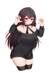 Rule 34 | 1girl, 5danny1206, absurdres, arms up, bare shoulders, black hair, black sweater, black thighhighs, blush, claw pose, criss-cross halter, cropped legs, dress, facial mark, groin, hair ornament, halterneck, highres, long hair, long sleeves, looking at viewer, merino (vrchat), multicolored hair, off shoulder, open mouth, original, red eyes, simple background, smile, solo, streaked hair, sweater, sweater dress, thighhighs, vrchat, white background, zettai ryouiki