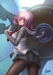 Rule 34 | 1girl, adsouto, black-framed eyewear, black dress, black pantyhose, blush, breasts, chaldea uniform, dress, eyes visible through hair, fate/grand order, fate (series), glasses, hair over one eye, highres, holding, holding shield, jacket, large breasts, light purple hair, looking at viewer, mash kyrielight, necktie, pantyhose, purple eyes, purple hair, shield, short hair, smile, solo