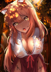 Rule 34 | 1girl, absurdres, animal ear fluff, animal ears, blush, breasts, cleavage, covered erect nipples, dappled sunlight, fangs, fate/extra, fate/extra ccc, fate/extra ccc fox tail, fate (series), fox ears, groin, highres, japanese clothes, large breasts, leaf, leaning forward, long hair, looking at viewer, maple leaf, no bra, no panties, open mouth, orange hair, outdoors, pleasure mussel, see-through, solo, sunlight, suzuka gozen (fate), very long hair, yellow eyes