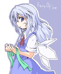 Rule 34 | 1girl, alternate hairstyle, blue eyes, blue hair, bow, cirno, english text, female focus, from side, green ribbon, hair down, matching hair/eyes, md5 mismatch, oekaki, profile, ribbon, shoot the bullet, solo, touhou, wings, yuuhi alpha