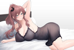 Rule 34 | 1girl, alternate costume, armpits, arms up, bed, black dress, blue eyes, breasts, brown hair, closed mouth, dress, hair between eyes, hair ornament, high side ponytail, highres, kantai collection, large breasts, long hair, looking at viewer, lying, odachu, on bed, on side, ponytail, saratoga (kancolle), side ponytail, sidelocks, sleeveless, smile, very long hair