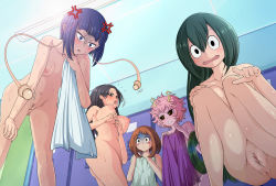 Rule 34 | 10s, 5girls, anger vein, angry, arms up, ashido mina, ass, asui tsuyu, bare arms, bare back, bent over, black hair, blush, blush stickers, boku no hero academia, breasts, brown hair, censored, closed eyes, colored skin, covering privates, dedenchuu, female focus, from below, green hair, has uncensored version, highres, horns, jirou kyouka, large breasts, locker, locker room, looking at viewer, medium breasts, multiple girls, nipples, nude, pink hair, pink skin, pointing, purple hair, pussy, shaded face, short hair, small breasts, smile, squatting, standing, teeth, towel, uraraka ochako, wet, yaoyorozu momo