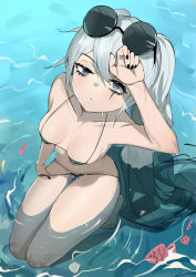 Rule 34 | 1girl, absurdres, alchemy stars, arm up, bikini, bikini pull, black bikini, black nails, breasts, breasts apart, closed mouth, clothes pull, collarbone, commentary request, eyelashes, eyewear on head, fish, full body, grey eyes, grey hair, highres, kneeling, long hair, looking at viewer, looking up, medium breasts, nail polish, navel, partially submerged, scar, scar across eye, scar on face, seashell, shading eyes, shell, smokey (alchemy stars), string bikini, sunglasses, swimsuit, twintails, very long hair, water, wet, xuxuxu