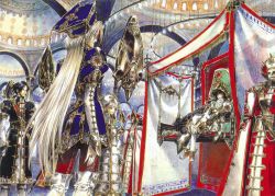 Rule 34 | 00s, 3boys, 3girls, arch, armor, armored boots, astharoshe asran, baibars, baibars (trinity blood), beard, black hair, boots, building, expressionless, facial hair, from behind, green eyes, hat, highres, indoors, ion fortuna, jewelry, lips, long hair, long sleeves, multiple boys, multiple girls, official art, outdoors, pillar, puffy long sleeves, puffy sleeves, radu barvon, ring, scan, seth nightroad, shibamoto thores, shield, silver hair, sitting, standing, tabard, tassel, trinity blood, very long hair