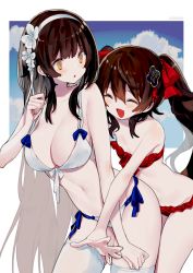 Rule 34 | 2girls, :d, :o, ^ ^, bare arms, bare shoulders, bikini, blue sky, blush, breasts, brown eyes, brown hair, cleavage, closed eyes, cloud, commentary request, day, flower, girls&#039; frontline, groin, hair between eyes, hair flower, hair ornament, hairband, large breasts, leaning forward, long hair, mimelond, multiple girls, navel, official alternate costume, open mouth, outstretched arm, parted lips, red bikini, side-tie bikini bottom, sky, smile, swimsuit, thighhighs, twintails, type 95 (girls&#039; frontline), type 95 (summer cicada) (girls&#039; frontline), type 97 (girls&#039; frontline), very long hair, white bikini, white flower, white hairband, white legwear