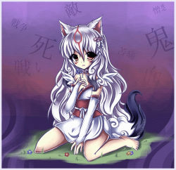 Rule 34 | 1girl, amaterasu (ookami), animal ears, bare shoulders, barefoot, breasts, elbow gloves, facial mark, flower, gloves, grass, hair ornament, highres, japanese clothes, jewelry, kanji, kimono, long hair, midna01, necklace, obi, ookami (game), parted lips, personification, purple background, red eyes, sash, signature, silver hair, sitting, small breasts, solo, tail, very long hair, wolf ears, wolf tail