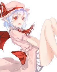 Rule 34 | 1girl, ascot, bad id, bad twitter id, bat wings, bow, fang, frills, hat, hat ribbon, legs up, looking at viewer, mob cap, open mouth, panties, pointy ears, pokan (xz1128), puffy sleeves, red eyes, remilia scarlet, ribbon, shirt, short hair, short sleeves, simple background, skirt, skirt set, smile, solo, touhou, underwear, white background, white panties, wings