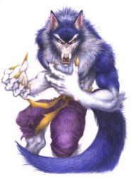 Rule 34 | 1boy, belt, body fur, claws, clenched teeth, colored pencil (medium), furry, furry male, gallon (vampire), looking at viewer, male focus, pants, purple pants, ribbon, solo, tail, teeth, toku nami, traditional media, vampire (game), werewolf, white background, yellow ribbon