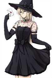Rule 34 | 1girl, black dress, black gloves, black hat, blonde hair, blue eyes, brooch, closed mouth, commentary, dress, elbow gloves, expressionless, gloves, halloween, halloween costume, hat, highres, holding, holding letter, jewelry, letter, long hair, looking at viewer, medium dress, omachi (slabco), simple background, skirt hold, solo, standing, violet evergarden, violet evergarden (series), white background, witch hat