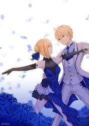 Rule 34 | 1boy, 1girl, absurdres, ahoge, arthur pendragon (fate), artist name, artoria pendragon (all), artoria pendragon (fate), black gloves, blonde hair, blue dress, blue flower, blue neckwear, blue ribbon, braid, braided bun, breasts, cleavage, dancing, dress, elbow gloves, eye contact, fate (series), flower, formal, gloves, green eyes, hair between eyes, hair bun, hair ribbon, hand on another&#039;s hip, highres, looking at another, medium breasts, necktie, official alternate costume, outstretched arms, pants, ribbon, saber (fate), saber (lapis lazuli dress) (fate), see-through, see-through cleavage, short hair with long locks, sidelocks, single hair bun, sleeveless, sleeveless dress, smile, striped, tiarii art, vertical stripes, white background, white pants