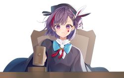 Rule 34 | &gt;:(, 1girl, black hat, black robe, blue bow, blush, bow, chair, chano hinano, closed mouth, commentary request, facial mark, frown, hammer, hat, judge, long sleeves, looking at viewer, multicolored hair, official art, one side up, purple eyes, purple hair, red hair, robe, shirt, short hair, simple background, solo, straight-on, streaked hair, tenjin kotone, tenjin kotone (channel), upper body, v-shaped eyebrows, virtual youtuber, white background, white shirt, wide sleeves