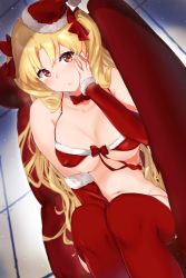 Rule 34 | 1girl, bikini, blonde hair, blush, bow, bowtie, breasts, christmas, couch, covered erect nipples, detached sleeves, ereshkigal (fate), fate/grand order, fate (series), fur-trimmed gloves, fur-trimmed headwear, fur trim, gloves, hair bow, hand on own cheek, hand on own face, hat, highres, indoors, large breasts, long hair, looking at viewer, lying, merry christmas, murio, navel, on back, on couch, parted bangs, red bow, red bowtie, red eyes, red hat, red sleeves, red thighhighs, santa bikini, santa costume, santa hat, solo, swimsuit, thighhighs, two side up, very long hair