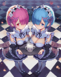 Rule 34 | 10s, 2girls, apron, artist name, black footwear, black ribbon, blue eyes, blue hair, blush, breast rest, breasts, cameo, carried breast rest, carrying, checkered floor, cleavage, detached sleeves, emilia (re:zero), frilled sleeves, frills, from above, full body, hair ornament, hair over one eye, hair ribbon, hairclip, highres, looking at viewer, maid, maid headdress, mary janes, medium breasts, multiple girls, pantyhose, pink eyes, pink hair, pink ribbon, ram (re:zero), re:zero kara hajimeru isekai seikatsu, rem (re:zero), ribbon, ribbon trim, shoes, short hair, siblings, sinad aruatjanapat, sisters, small breasts, symmetry, teapot, tray, twins, underbust, white legwear, x hair ornament