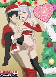 Rule 34 | 1boy, 1girl, black clover, black hair, grabbing another&#039;s breast, breasts, christmas, christmas clothing, christmas decorations, christmas outfit, christmas tree, clothed sex, cum, cum in pussy, grabbing, hat, highres, impregnation, legs up, leozurcxxx, moaning, noelle silva, panties, panties around leg, pants, pants pull, pink eyes, santa hat, sex, silver hair, socks, standing, standing missionary, standing sex, underwear, yellow eyes, yuno (black clover)