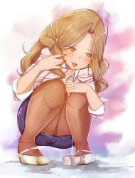 Rule 34 | 1girl, blush, curly hair, drooling, earrings, fishnets, long hair, makeup, office lady, pantyhose, saliva, source request, squatting, tongue, tongue out, ushihashiru, yellow eyes
