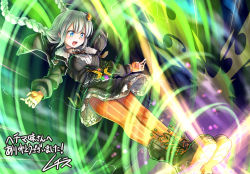 Rule 34 | 1girl, belt, black dress, black footwear, black jacket, bomber jacket, boots, braid, breasts, commentary, commission, cross-laced footwear, dress, fingerless gloves, gloves, glowing, grey hair, hair ornament, jacket, kamen rider, kamen rider w, kicking, kizuna akari, lace-up boots, long hair, medium breasts, not makigai, open mouth, orange gloves, orange legwear, pantyhose, parody, signature, skeb commission, smile, solo, striped clothes, striped legwear, striped pantyhose, translated, twin braids, v-shaped eyebrows, vertical-striped clothes, vertical-striped legwear, vertical-striped pantyhose, vocaloid, voiceroid