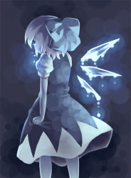 Rule 34 | 1girl, alternate body fluid, alternate wings, back, bad id, blue dress, blue hair, bow, cirno, clenched hand, crying, dress, embodiment of scarlet devil, from behind, glowing, hair bow, large bow, orita enpitsu, short hair, standing, tears, touhou, wings