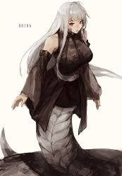 Rule 34 | 1girl, bare shoulders, beige background, belt, black bow, borrowed character, bow, character name, closed mouth, detached sleeves, english text, grey hair, half-closed eyes, highres, lamia, long hair, monster girl, original, pink lips, red eyes, simple background, slit pupils, smile, solo, uglykao, wide sleeves