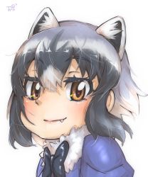 Rule 34 | 1girl, animal ear fluff, animal ears, black bow, black bowtie, black hair, bow, bowtie, brown eyes, commentary, common raccoon (kemono friends), extra ears, fang, fang out, fur collar, grey hair, hair between eyes, highres, kemono friends, looking at viewer, multicolored hair, portrait, puffy sleeves, raccoon ears, signature, smile, solo, thin (suzuneya), white hair