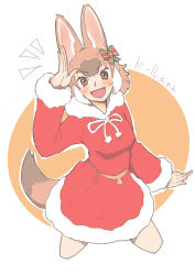 Rule 34 | 1girl, absurdres, animal ears, blush, bow, brown eyes, brown hair, christmas, cowboy shot, dhole (kemono friends), dog ears, dog girl, dog tail, dress, fur trim, green bow, hair bow, highres, kemono friends, light brown hair, long sleeves, multicolored hair, open mouth, red bow, red dress, santa costume, short hair, sidelocks, smile, solo, tail, translated, user zrdd5754, white fur, white hair