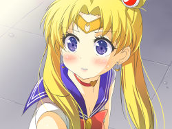 Rule 34 | 1girl, bishoujo senshi sailor moon, blonde hair, blue eyes, blush, bow, choker, collarbone, commentary request, crescent, crescent earrings, crescent moon, derivative work, earrings, hair between eyes, hair ornament, jewelry, long hair, looking at viewer, meme, moon, open mouth, porurin, red bow, red choker, sailor collar, sailor moon, sailor moon redraw challenge (meme), short sleeves, solo, tiara, tsukino usagi, twintails