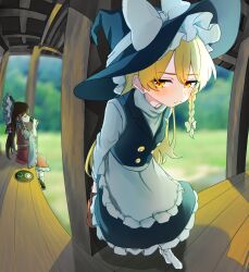 Rule 34 | 2girls, apron, arms behind back, black hair, black headwear, black skirt, black vest, blonde hair, bow, closed mouth, commentary, day, drinking, foreshortening, frilled apron, frilled skirt, frills, frown, full body, gift, hair between eyes, hakurei reimu, hat, hat bow, highres, holding, holding gift, jitome, kirisame marisa, koroyarou, long hair, long sleeves, looking down, multiple girls, nontraditional miko, outdoors, shirt, shy, sitting, skirt, solo focus, standing, touhou, valentine, vest, waist apron, white apron, white bow, white shirt, witch hat, yellow eyes, yuri