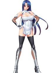 Rule 34 | 00s, 1girl, bare shoulders, black thighhighs, blue hair, bodysuit, boots, breasts, cleavage, covered navel, curvy, dress, elbow gloves, female focus, full body, gloves, kagami hirotaka, large breasts, lilith-soft, long hair, looking at viewer, no bra, pelvic curtain, pink eyes, ponytail, red eyes, shiny skin, short dress, simple background, solo, standing, taimanin (series), taimanin asagi, taimanin asagi kessen arena, taimanin asagi zero, taimanin murasaki, thighhighs, underwe, yatsu murasaki