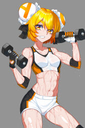 Rule 34 | 1girl, abs, absurdres, acfun, acfun girl, bare shoulders, black bow, black gloves, blonde hair, bow, breasts, bun cover, clenched teeth, collarbone, cowboy shot, double bun, dumbbell, elbow pads, exercising, gloves, grey background, hair bow, hair bun, hands up, highres, holding dumbbell, knee pads, lyon5, muscular, muscular female, navel, short hair, short shorts, shorts, small breasts, solo, sports bra, stomach, sweat, teeth, thick eyebrows, two-tone gloves, v-shaped eyebrows, very sweaty, weightlifting, wet, wet clothes, white gloves, white shorts, white sports bra, yellow eyes