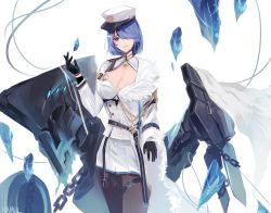 Rule 34 | 1girl, absurdres, azur lane, belt, black belt, black gloves, blue eyes, blue hair, blush, breasts, chain, chapayev (azur lane), coat dress, gloves, hair ornament, hair over one eye, hairclip, hamul, hat, highres, ice, jacket, large breasts, looking at viewer, military hat, mole, mole on breast, monster, pantyhose, peaked cap, short hair, smile, solo, white hat, white jacket