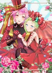 Rule 34 | 2girls, absurdres, arm tattoo, backless dress, backless outfit, black shirt, blue eyes, blush, bow, breasts, bright pupils, brown eyes, dress, gem, gloves, green hair, hair behind ear, hair bow, hand on another&#039;s waist, head tilt, highres, holding hands, jacket, looking at viewer, m rgfn, macross, macross delta, makina nakajima, medium breasts, multiple girls, pants, pink hair, pointy ears, red bow, red gloves, red jacket, red pants, red vest, reina prowler, shirt, smile, striped, striped bow, tattoo, vest, white pupils, yuri