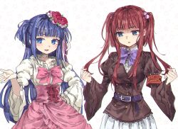 Rule 34 | 2girls, alternate hairstyle, armband, belt, blue eyes, blue hair, blunt bangs, bow, bowtie, brown jacket, choker, colored eyelashes, cowboy shot, cross-laced clothes, cross-laced skirt, eyes visible through hair, fang, flower, frilled skirt, frilled sleeves, frills, furudo erika, ghkdakrh1129, hair bobbles, hair flower, hair ornament, hair ribbon, twirling hair, hairstyle switch, hand on own hip, jacket, lace, lace choker, light blush, long hair, looking at hand, looking to the side, multiple girls, open hand, open mouth, parted lips, pink bow, pink bowtie, pink ribbon, pink skirt, puffy sleeves, purple belt, purple bow, purple bowtie, red flower, red hair, red rose, ribbon, rose, shirt, side-by-side, sidelocks, skirt, star (symbol), starry background, two side up, umineko no naku koro ni, ushiromiya ange, very long hair, white background, white ribbon, white shirt, white skirt, wide sleeves
