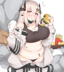 Rule 34 | 1girl, :t, absurdres, arknights, bad id, bad pixiv id, black choker, black panties, blush, breasts, burger, chest sarashi, choker, cleavage, commentary request, cowboy shot, crop top, cup, disposable cup, drinking straw, eyeshadow, food, french fries, hair between eyes, hands up, highres, holding, holding cup, horns, infection monitor (arknights), large breasts, long hair, long sleeves, looking at viewer, makeup, material growth, midriff, mudrock (arknights), mudrock (elite ii) (arknights), navel, oripathy lesion (arknights), panties, physisyoon, plump, pointy ears, red eyes, sarashi, silver hair, solo, sports bra, standing, stomach, underwear, wcdonald&#039;s, white background