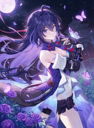 Rule 34 | 1girl, ahoge, bare shoulders, black gloves, black shorts, blue scarf, breasts, bug, butterfly, cleavage, colored inner hair, dress, flower, gloves, hair between eyes, highres, honkai: star rail, honkai (series), insect, lino chang, long hair, looking at viewer, medium breasts, multicolored hair, purple butterfly, purple dress, purple eyes, purple flower, purple hair, purple rose, purple scarf, rose, scarf, seele (honkai: star rail), short shorts, shorts, sidelocks, single glove, solo, thighs