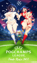 Rule 34 | 2girls, absurdres, alternate breast size, ball, black hair, blue eyes, breasts, cleats, constricted pupils, convenient censoring, hair ornament, hairclip, highres, impossible clothes, impossible shirt, kill la kill, kiryuuin satsuki, kneehighs, large breasts, liverpool fc, logo parody, long hair, lulu-chan92, matoi ryuuko, motion blur, multicolored hair, multiple girls, no bra, no panties, open mouth, ponytail, real madrid, red hair, red shirt, red shorts, red socks, running, shirt, short hair, shorts, siblings, sidelocks, sisters, soccer, soccer ball, soccer uniform, socks, sportswear, surprised, sweat, thick thighs, thighs, torn clothes, uefa champions league, uvula, white shirt, white shorts, white socks